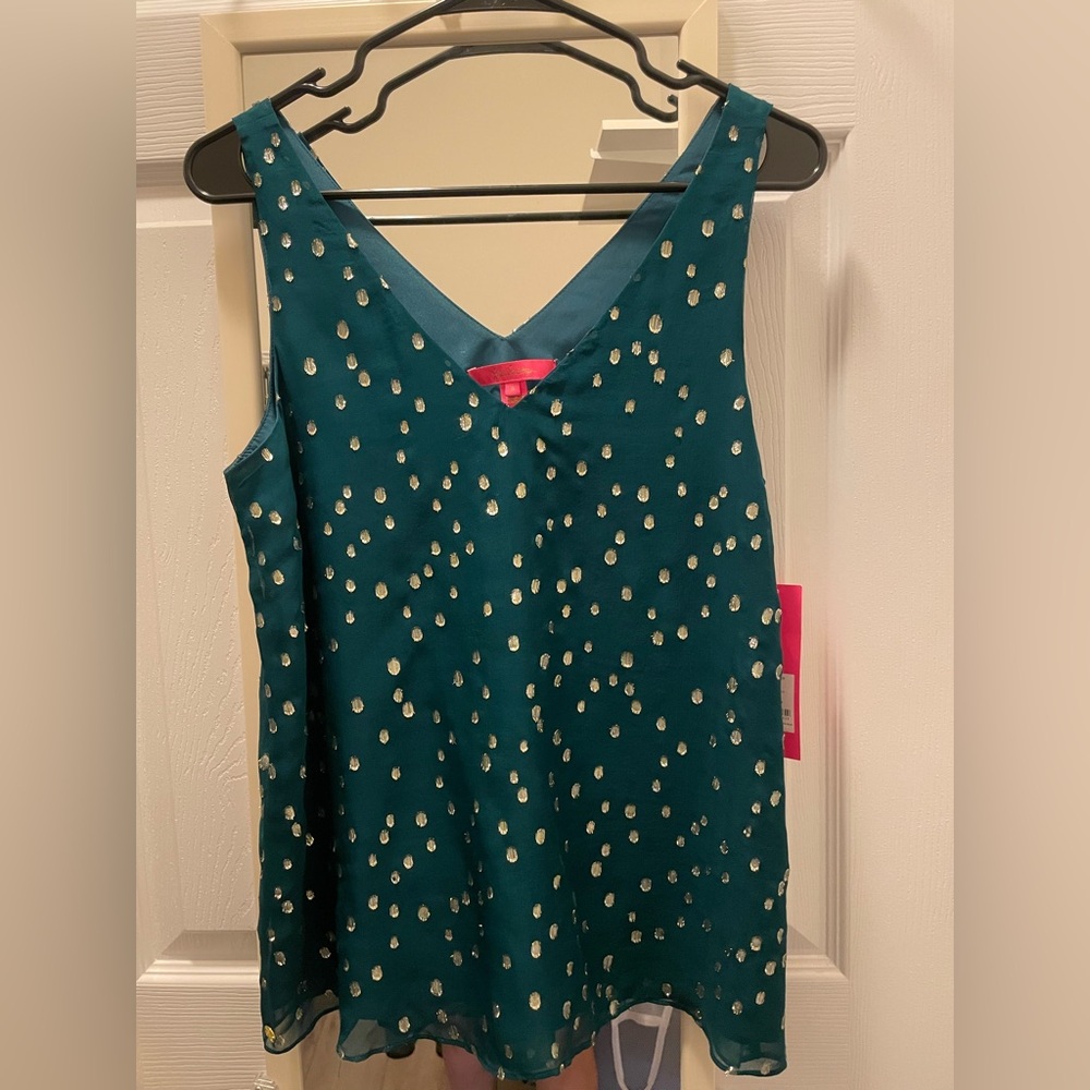 New Lilly Pulitzer florin silk green metallic tank top size small NWT